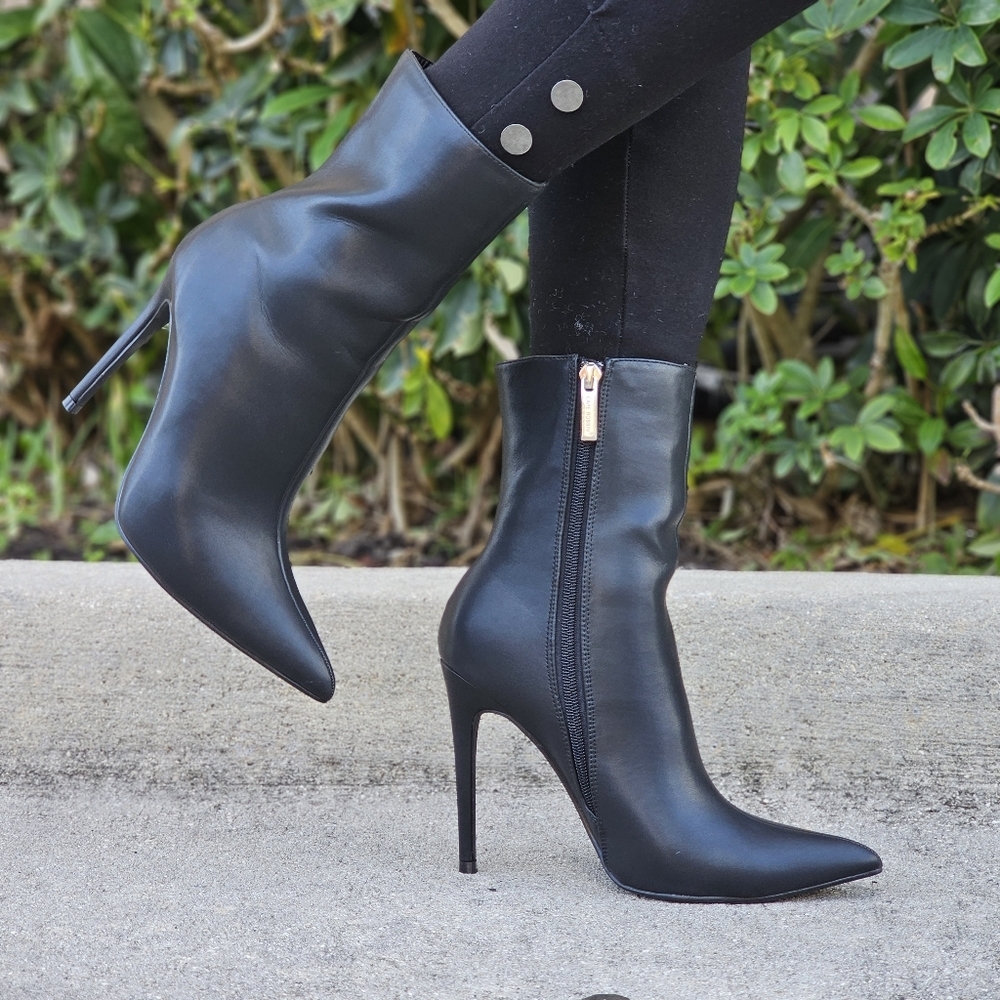 Women Mid Calf Pointed Toe Heel Boot Black Color